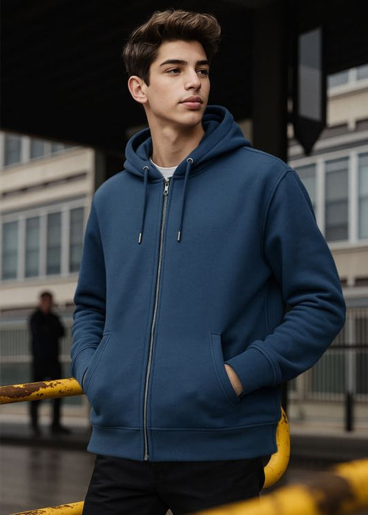 Men Dark Denim Relaxed Fit Full Zip Hoodie With Pockets