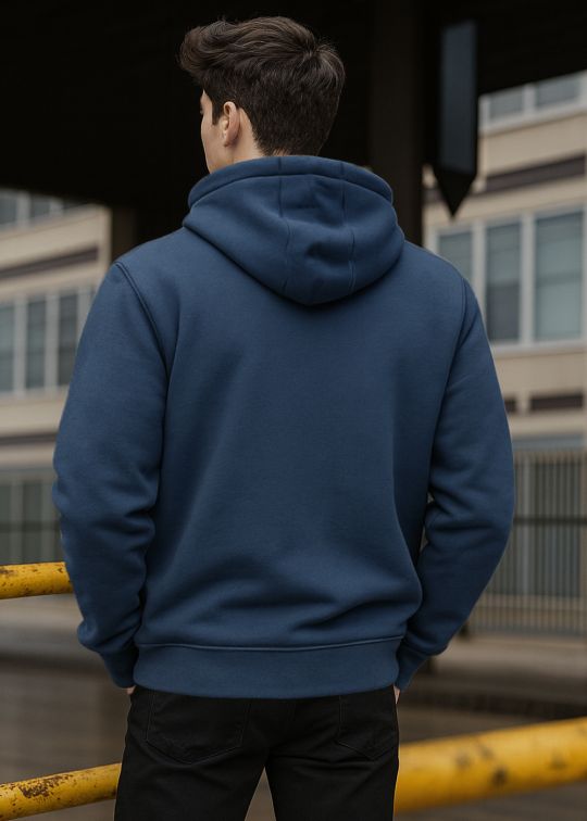 Men Dark Denim Relaxed Fit Full Zip Hoodie With Pockets