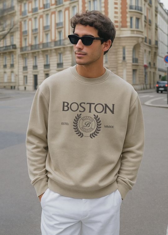 Men Boston Beige Crew Neck Relaxed Fit Sweatshirt