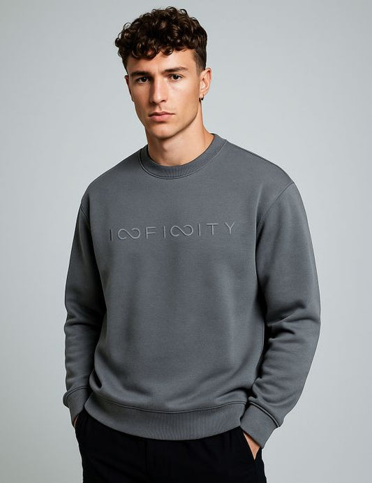 Men Infinity Embroided Slate Grey Crew Neck Relaxed Fit Sweatshirt