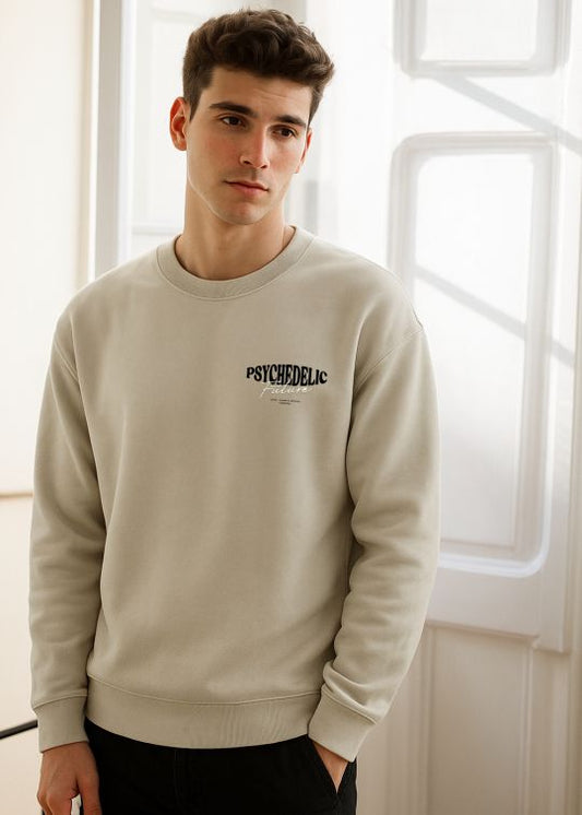 Men Psychedlic Beige Crew Neck Relaxed Fit Sweatshirt