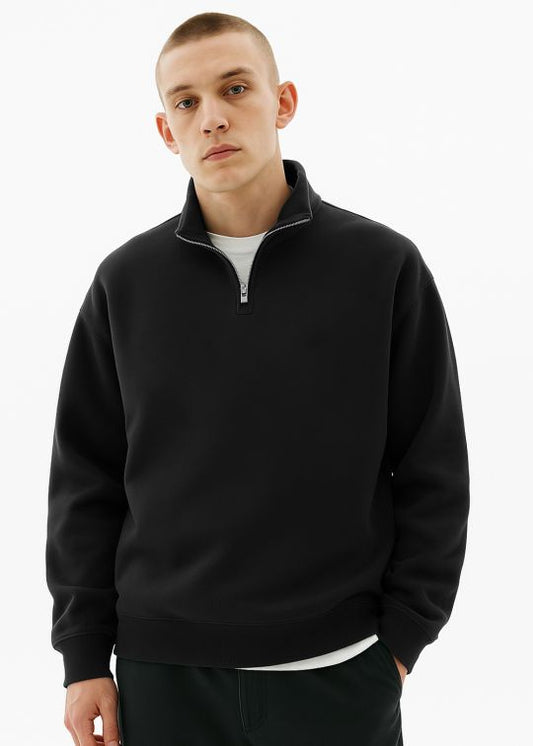 Men Black Half Zip Stand Collar Regular Sweatshirt