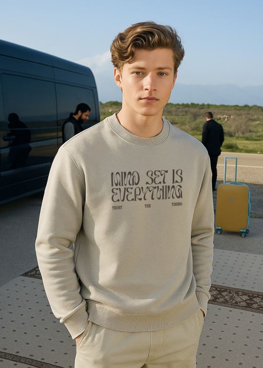 Men Mindset Beige Crew Neck Relaxed Fit Sweatshirt