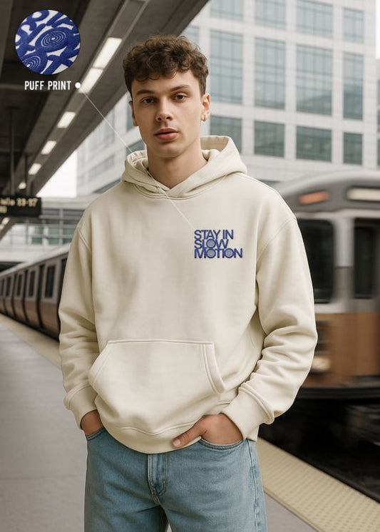 Men Stay In Motion Off White Relaxed Fit Hoodie Sweatshirt With Kangaroo Pocket