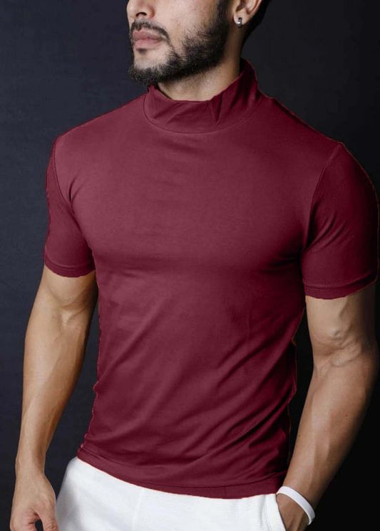 Maroon High Neck Half Sleeve T-shirt For Men