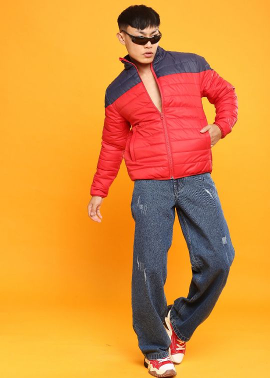 Red Colour Block Puffer Jacket For Men