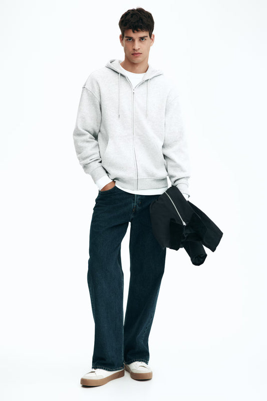 Grey marl Loose Fit Zip-through hoodie For Men