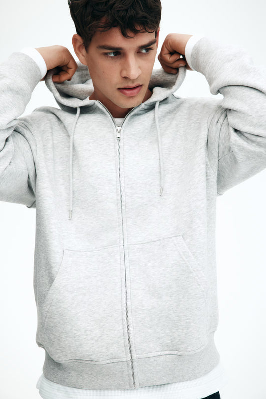 Grey marl Loose Fit Zip-through hoodie For Men