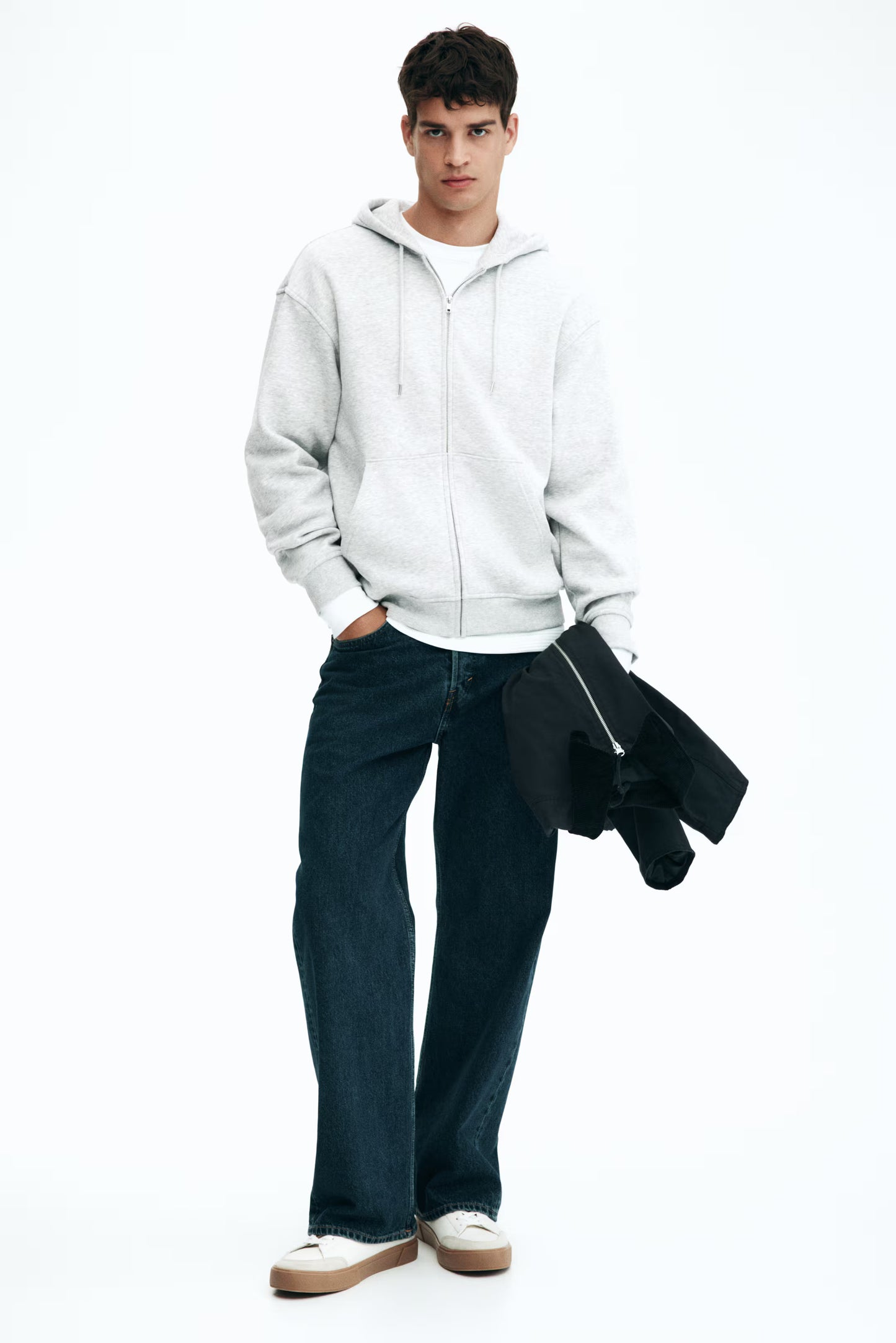 Grey marl Loose Fit Zip-through hoodie For Men