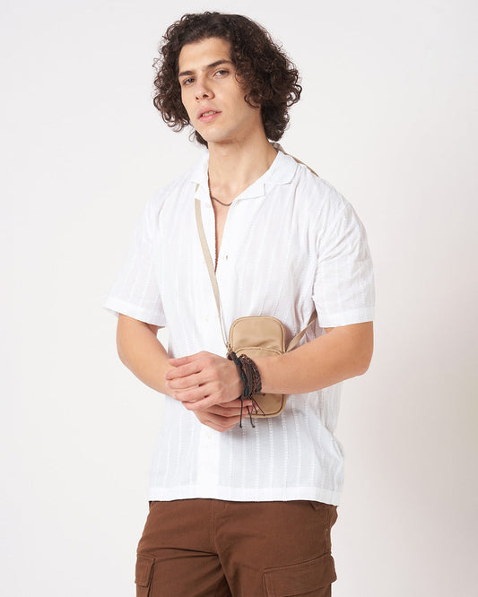 Men White Crinkle Textured Short Sleeve Shirt