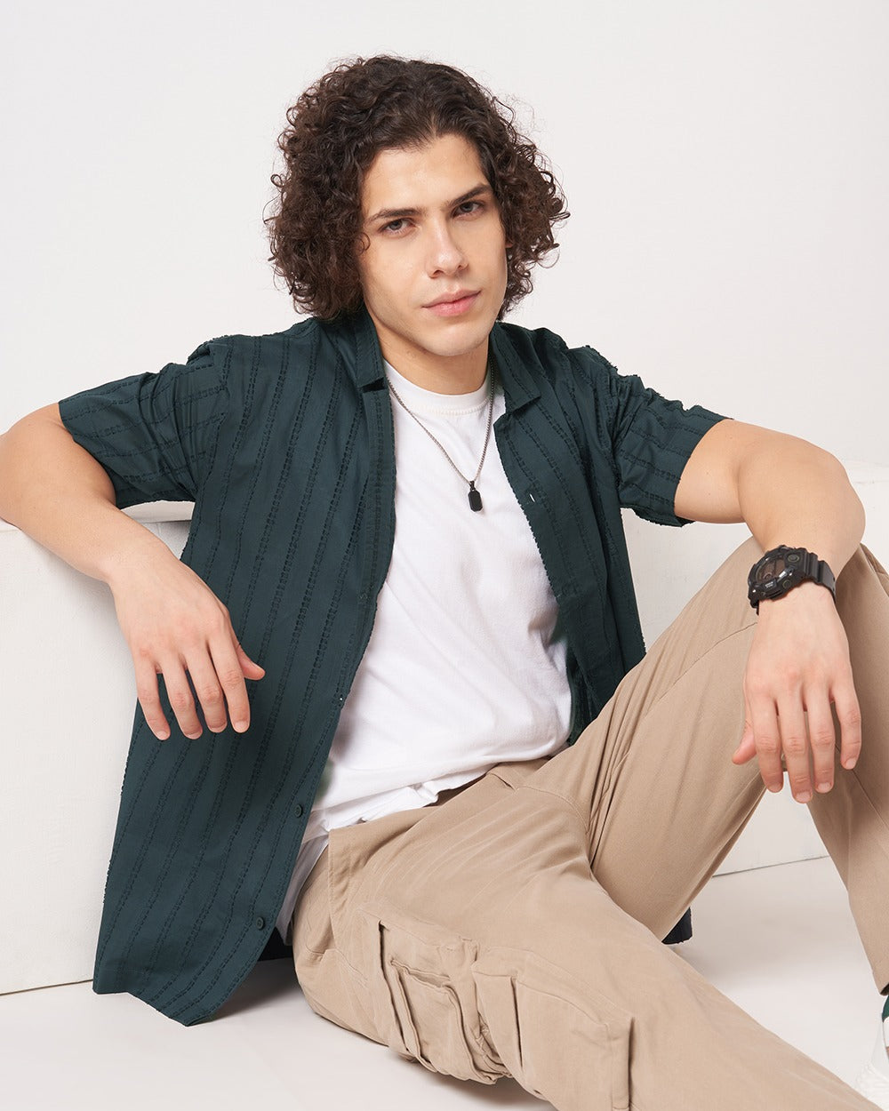 Men Navy Crinkle Textured Short Sleeve Shirt