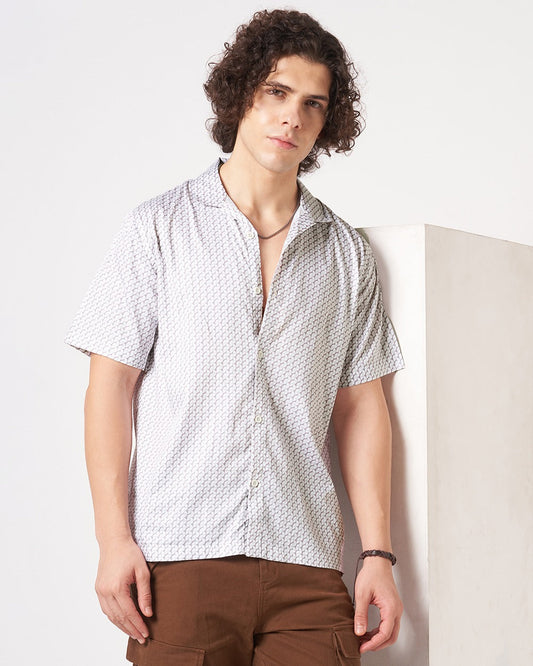 Men Pink White Geometric Print Short Sleeve Casual Shirt