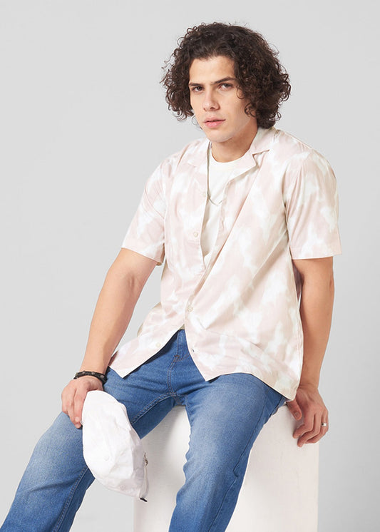 Men Peach Ink Printed Cuban Collar Shirt