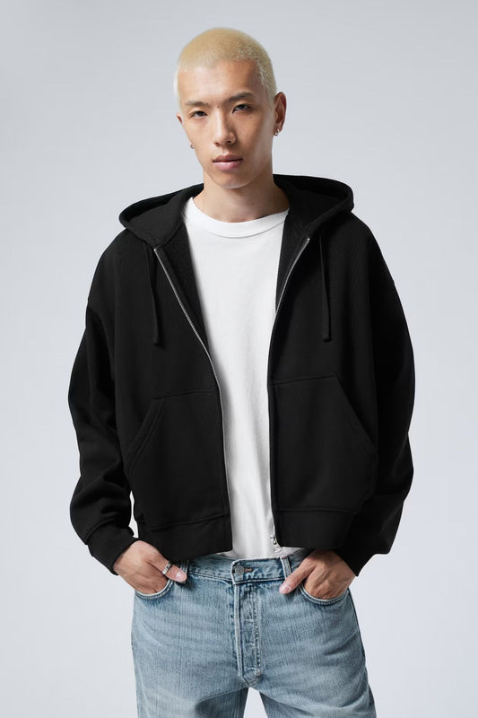 Black Loose Fit Zip-through hoodie For Men